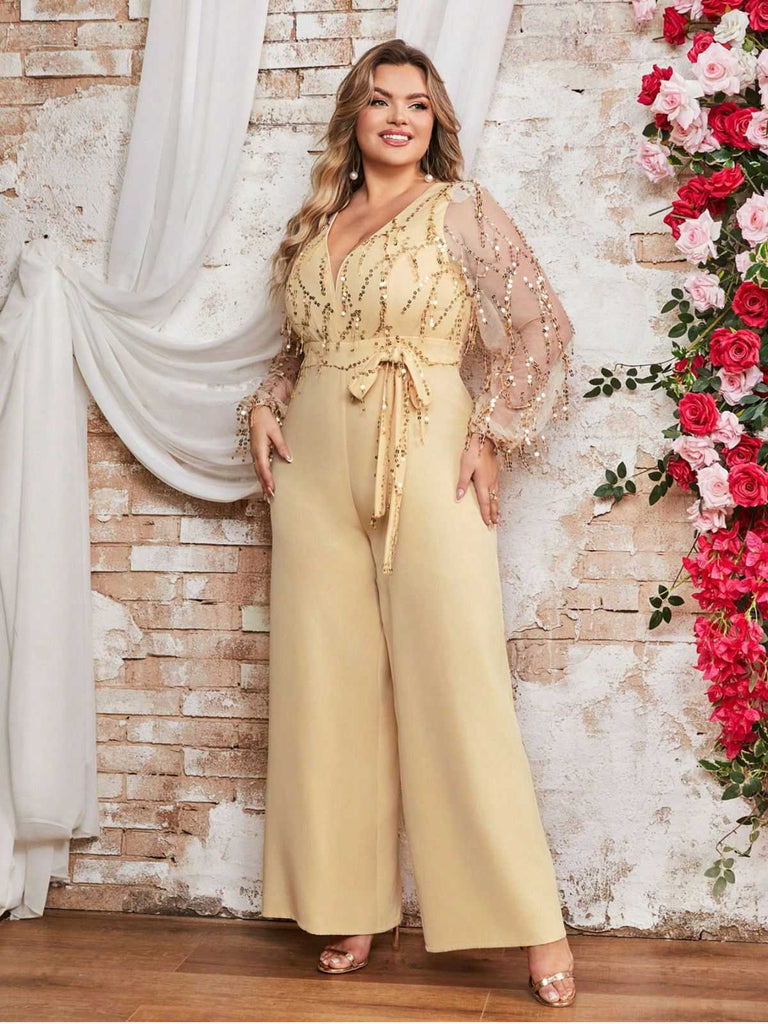 [Plus Size] Light Yellow 1980s Sequined Tassel Mesh Bow Jumpsuit