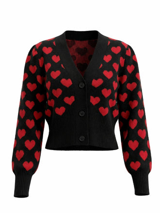 Black 1960s Valentine Heart Cropped Knit Cardigan
