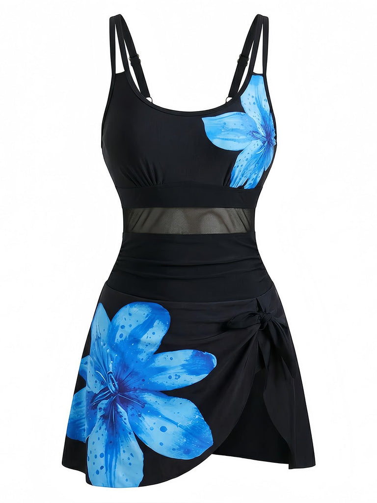 1940s Floral Strappy Scoop-Neck Tie Mesh Swim Dress
