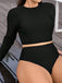 [Plus Size] Black 1980s Solid Long Sleeve High Waist Swimsuit Set