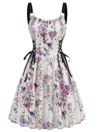 1950s Strap Floral Butterflies Lace-Up Corset Dress
