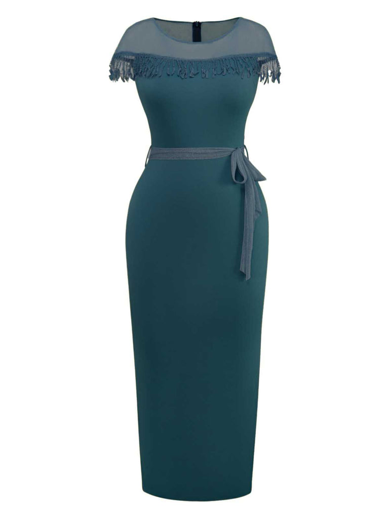 1960s Sheer Fringe Belted Bodycon Dress