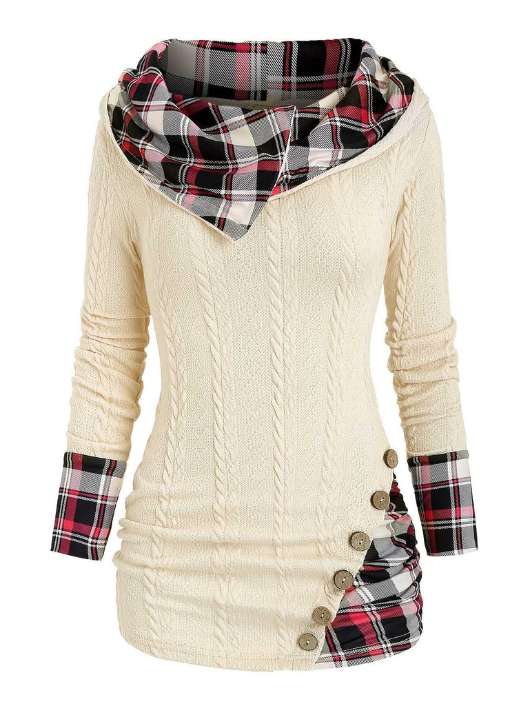 1940s Knit Plaid Button Hooded Sweater