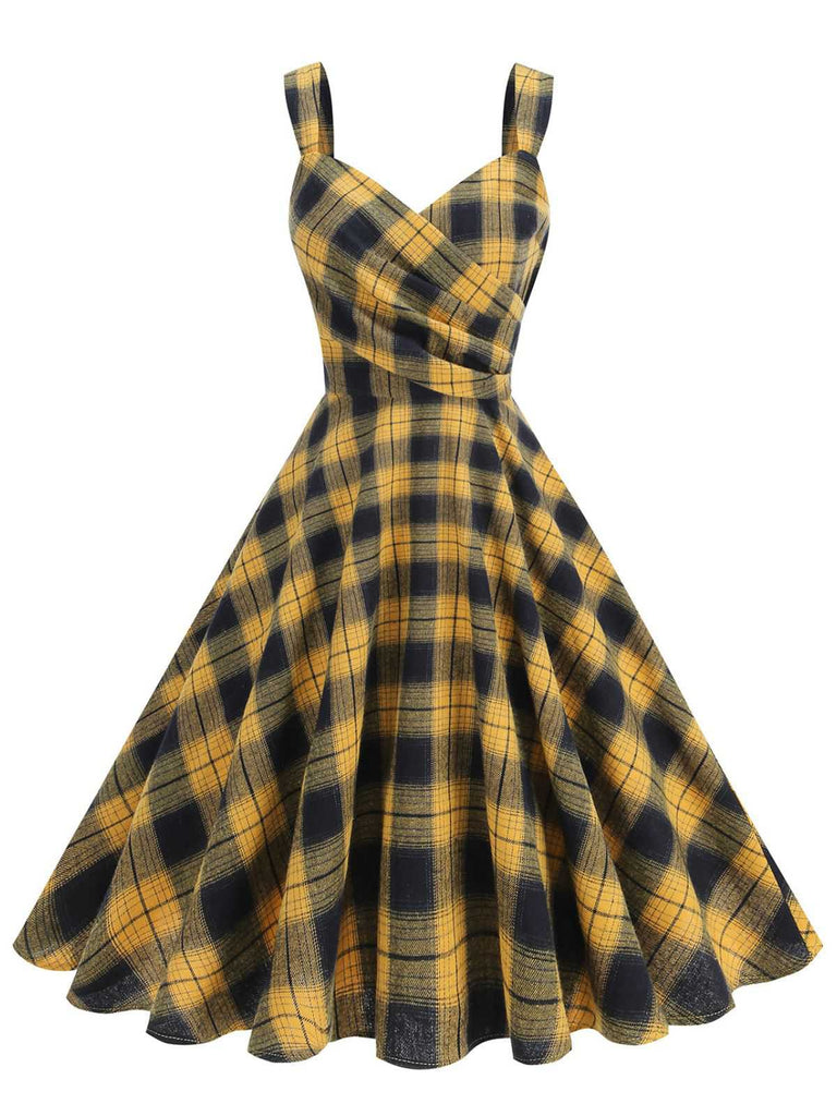 1950s Slip V-Neck Plaid Swing Dress