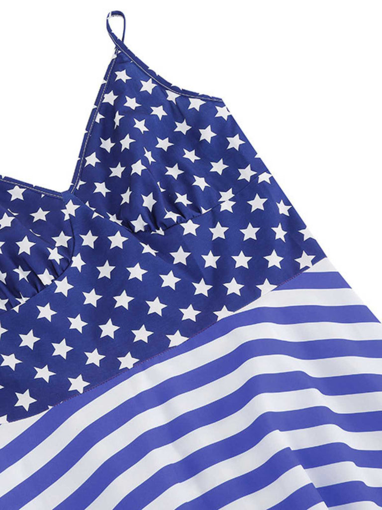 1950s V-Neck Star Stripes Flag Belted Swing Dress