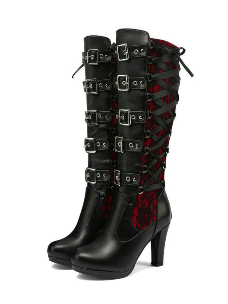 Vintage Punk Lace-Up Lace High Heel Boots