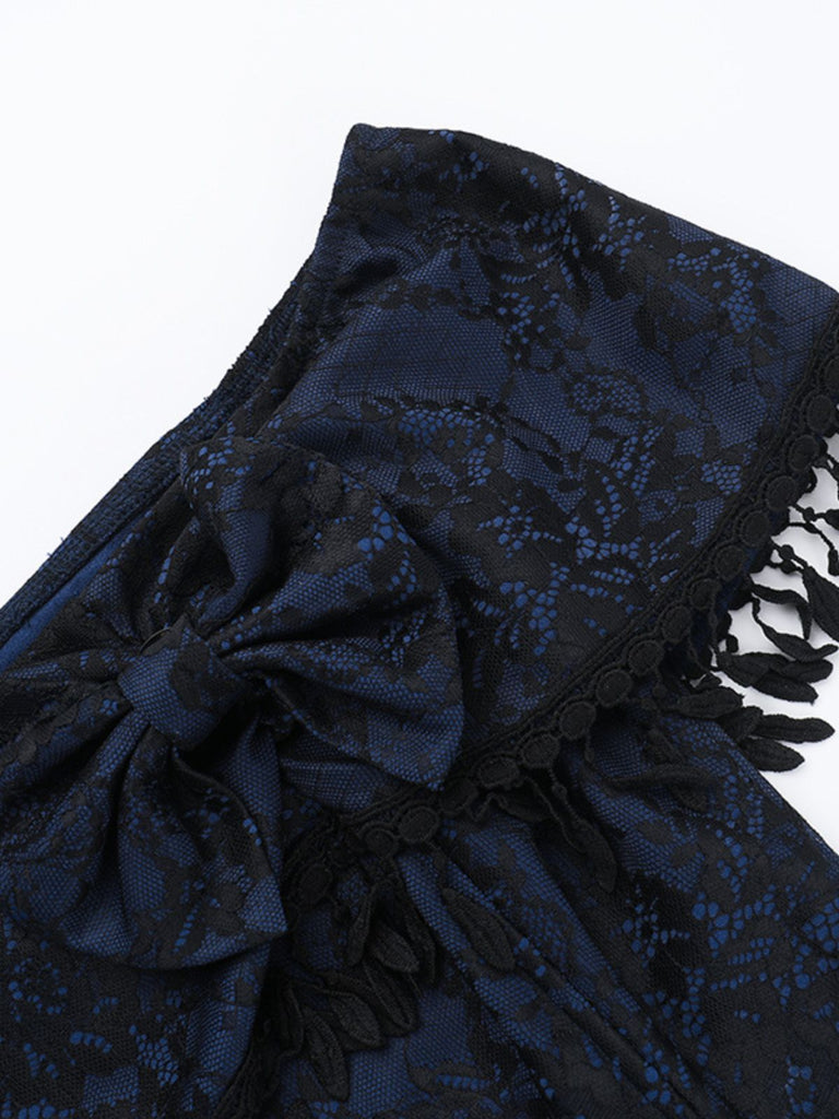 Dark Blue 1930s Halloween Off-Shoulder Lace Tassel Top