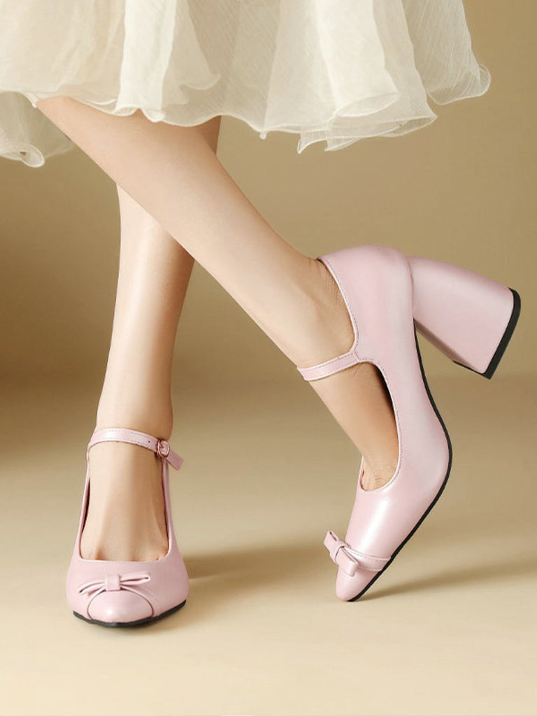 Vintage Bow Strap Point Toe Chunky Heels
