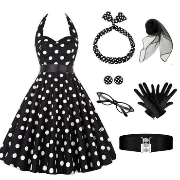 1950s Halter Contrast Polka Dots Belted Dress With Accessories Set