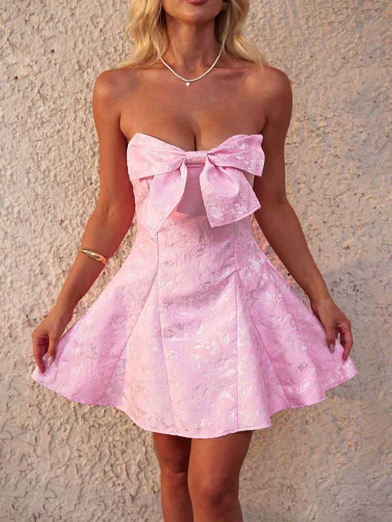 Pink 1950s Floral Lace Strapless Bow Dress
