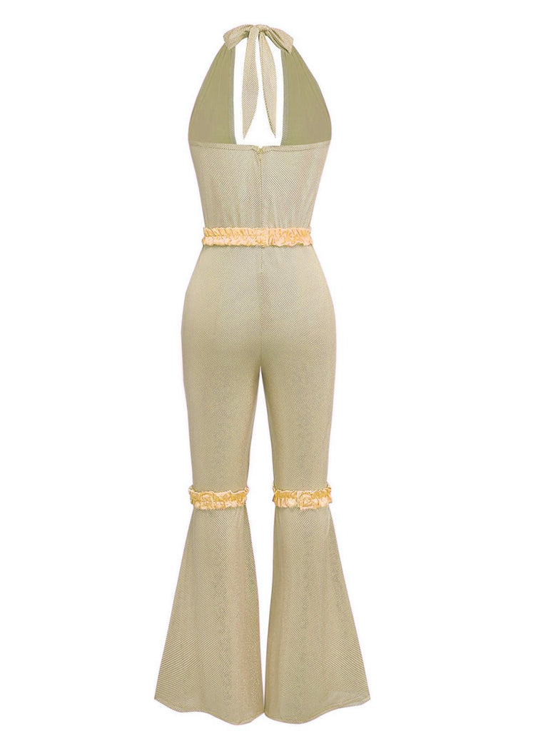 1970s Sheer Solid Deep V-Neck Flare Jumpsuit
