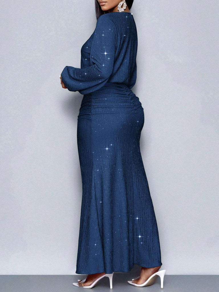 1930s Glitter Ruched Lantern Sleeve Knit Fishtail Dress