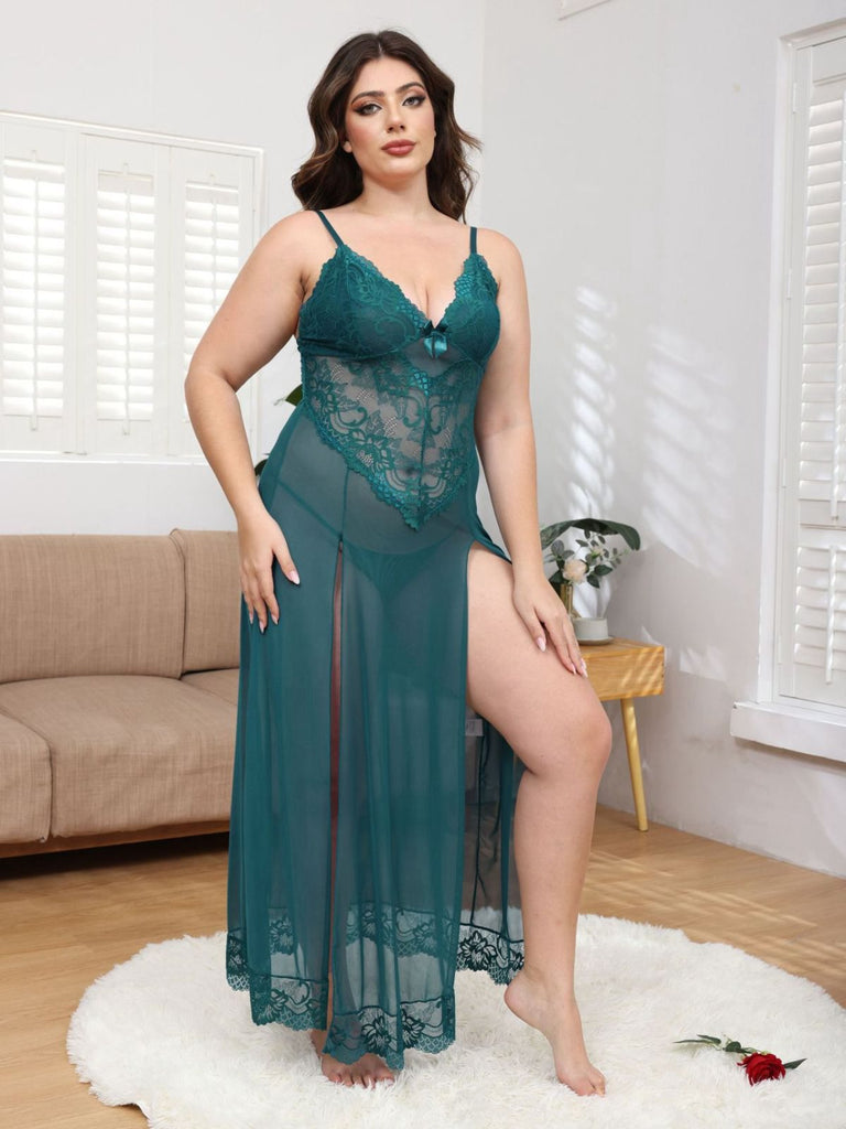 [Plus Size] 1930s Mesh Lace Suspenders Slit Nightgown