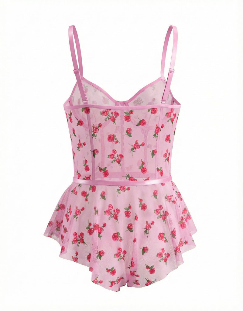 Pink 1930s Slip Roses Bow Lace Sleepwear