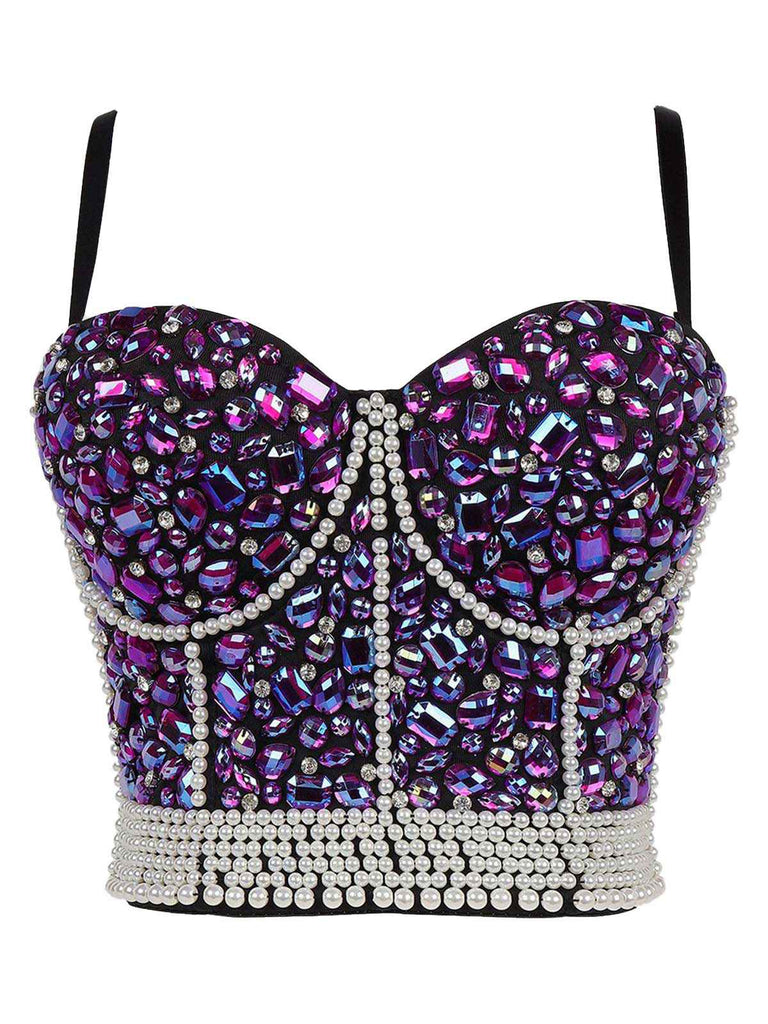 1970s Rhinestone Pearl Spaghetti Strap Corset Top