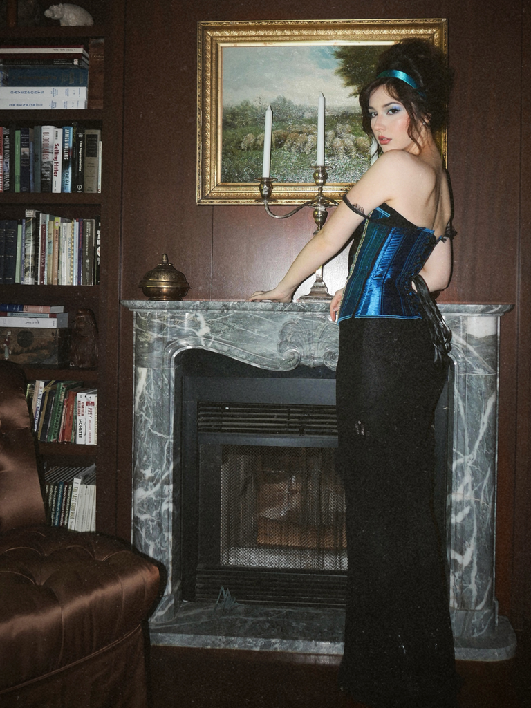 Teal 1930s Peacock Feather Embroidered Corset