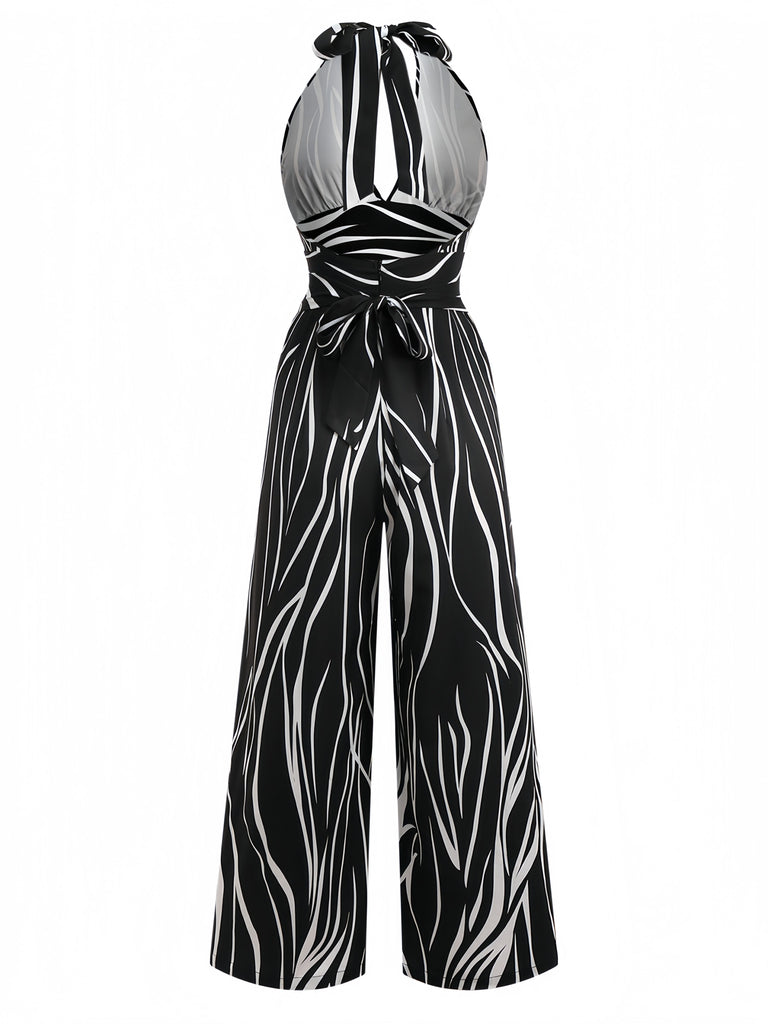Black & White 1930s Irregular Print Halter Jumpsuit