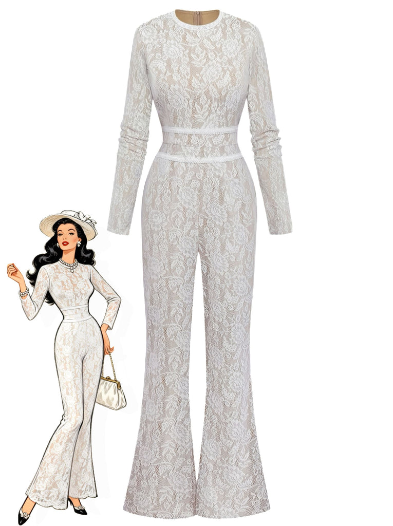 White 1970s Lace Long-Sleeve Flared Legs Jumpsuit