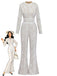 White 1970s Lace Long-Sleeve Flared Legs Jumpsuit
