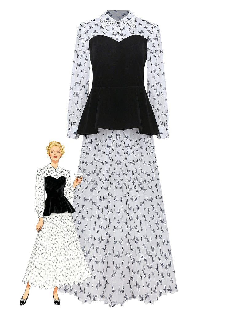 White 1980s Butterfly Pearl Pleated Velvet Corset Midi Dress