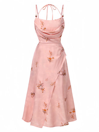 Pink 1930s Halter Strap Floral Satin Dress