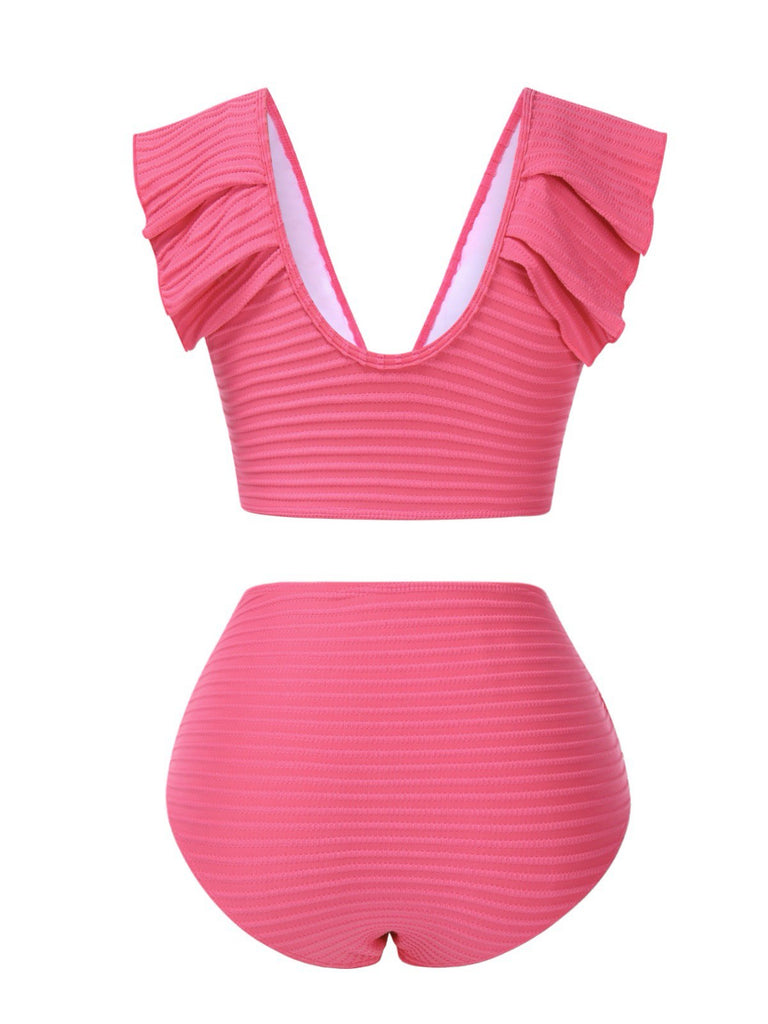 Pink 1940s Solid Ruffles Bow Ruched Bikini Set