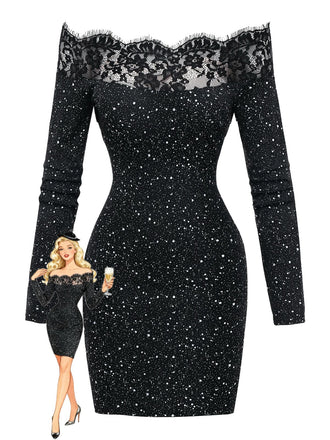 Black 1980s Lace Off-Shoulder Metallic Silver Splash Bodycon Dress
