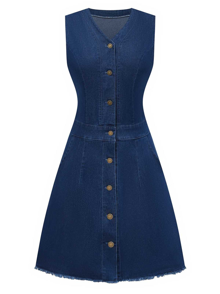 Blue 1970s Pockets Sleeveless A-Line Denim Dress