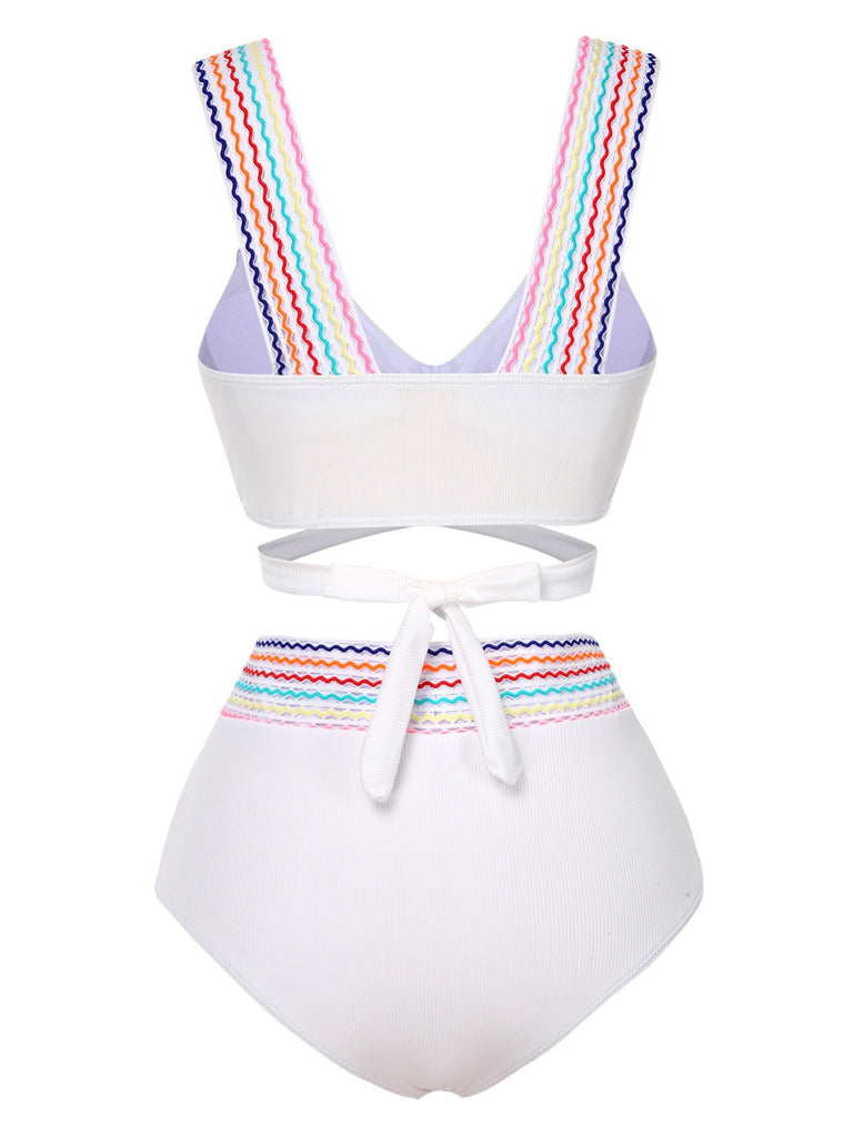 1940s Rainbow Lace-Up Patchwork Strap Bikini Set