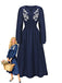 Navy Blue 1970s Floral Embroidered Maxi Dress
