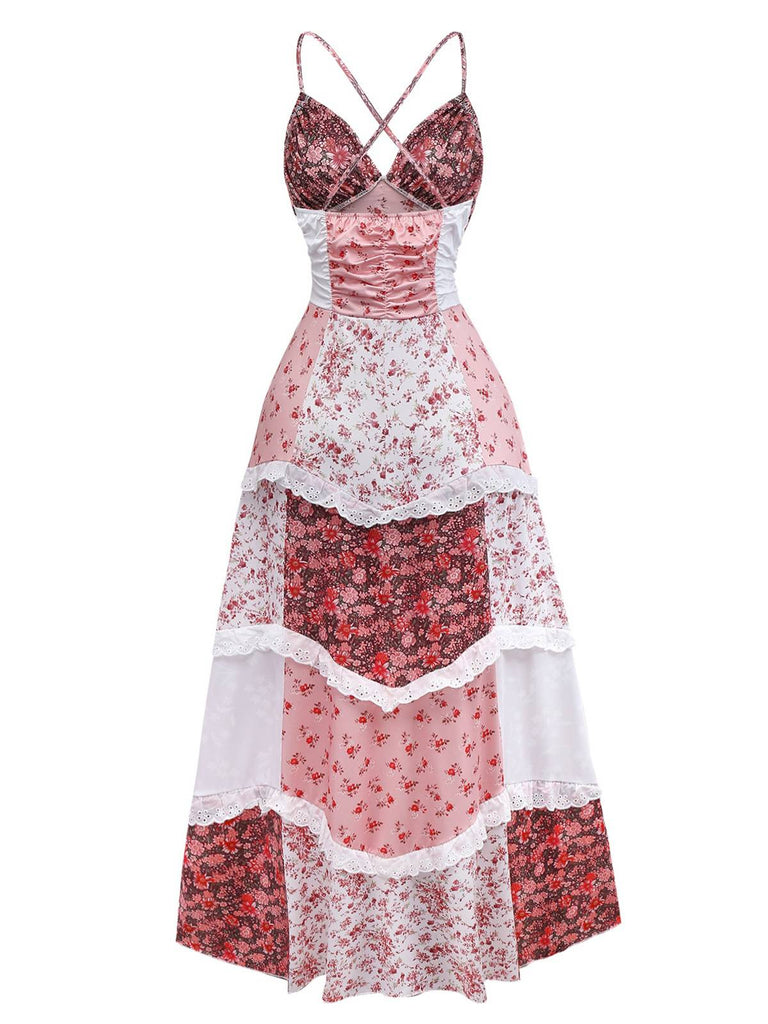 Multicolor 1930s Quilt Floral Print Ruffled Strap Dress
