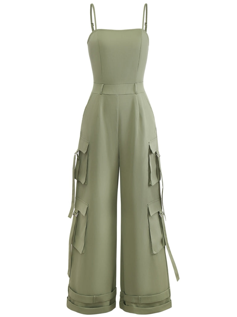 1970s Solid Spaghetti Strap Cargo Style Wide-Leg Jumpsuit