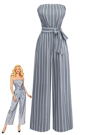 Grey 1930s Strapless Striped Belted Jumpsuit