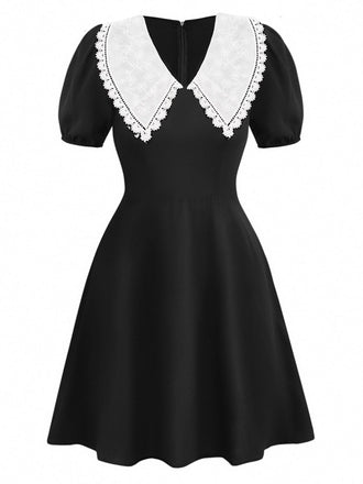 Black 1960s Lace Collar Puff Sleeve Dress