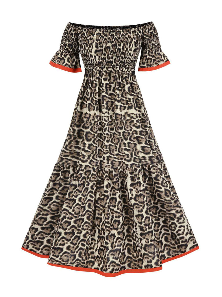 1970s Off-Shoulder Flare Sleeve Leopard Dress