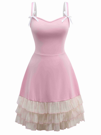 1950s Layered Hem Contrast Bow Strap Dress