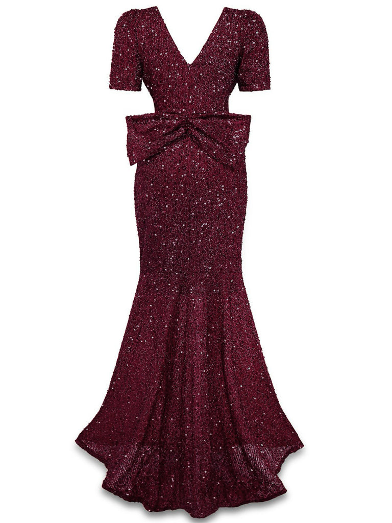 [Pre-Sale] Wine Red 1930s Sequin Bow Maxi Mermaid Dress