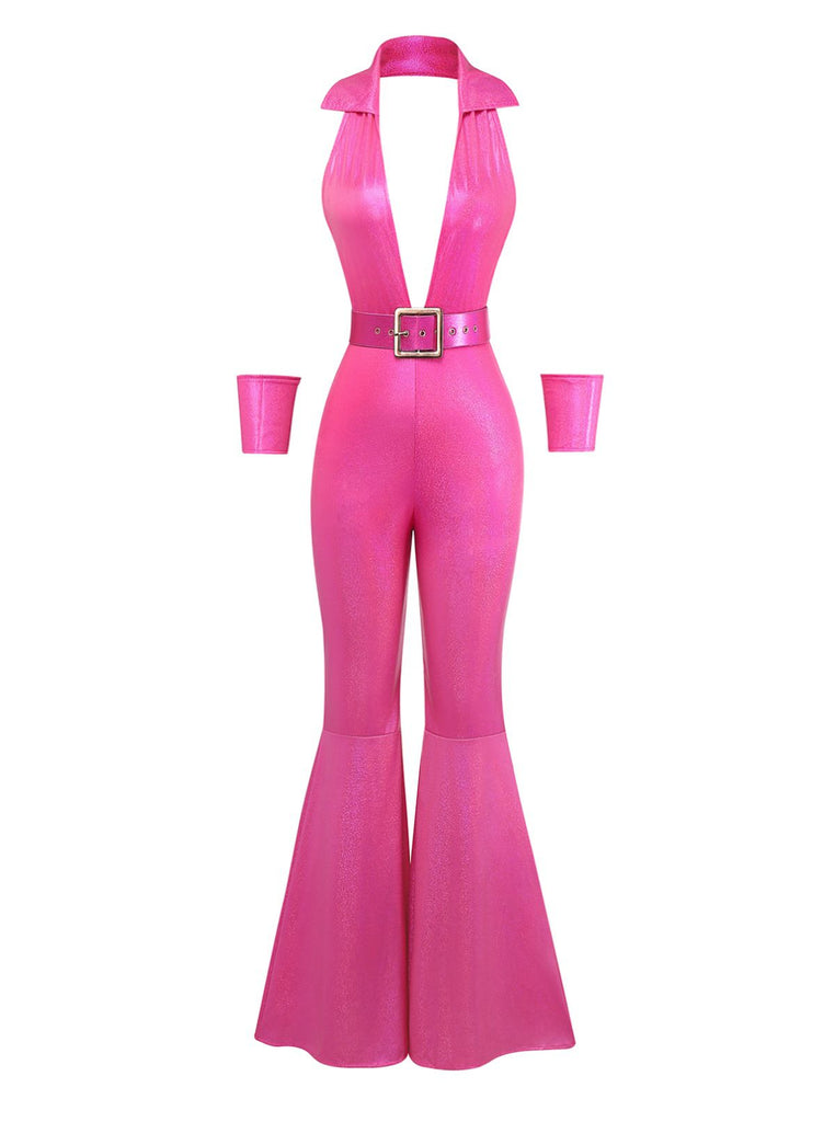 Pink 1970s Metallic Deep V-Neck Disco Jumpsuit