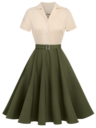 Khaki Green 1950s Vintage Button Dress