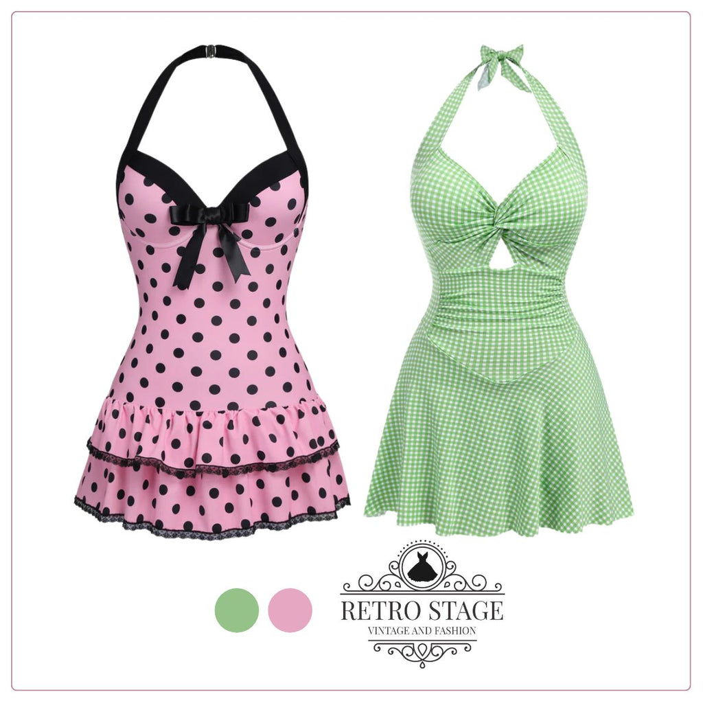 Pink 1940s Halter Polka Dots Bow One-Piece Swimsuit