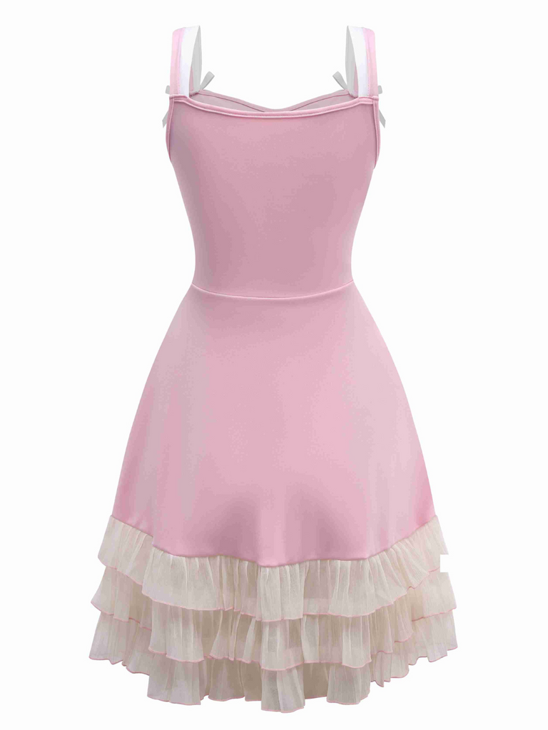 1950s Layered Hem Contrast Bow Strap Dress
