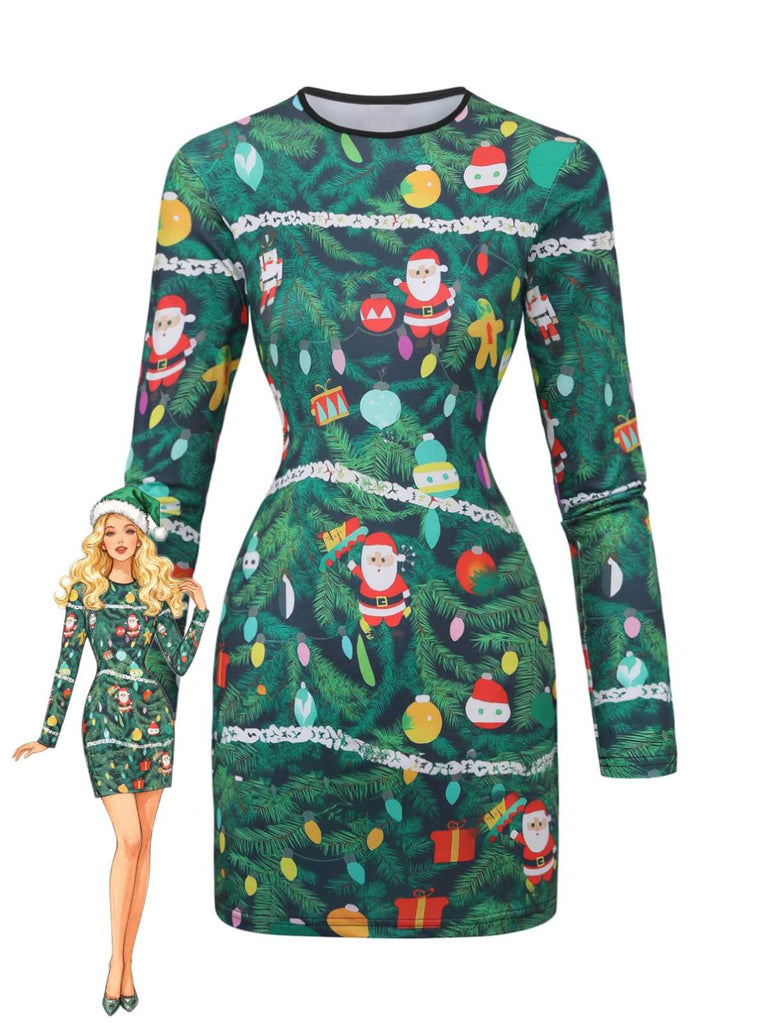 Green 1960s Christmas Pattern Bodycon Dress