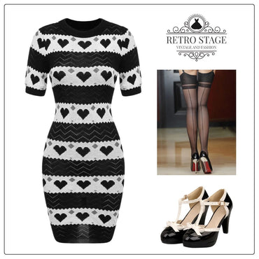 Black 1960s Contrasting Heart Knitting Dress