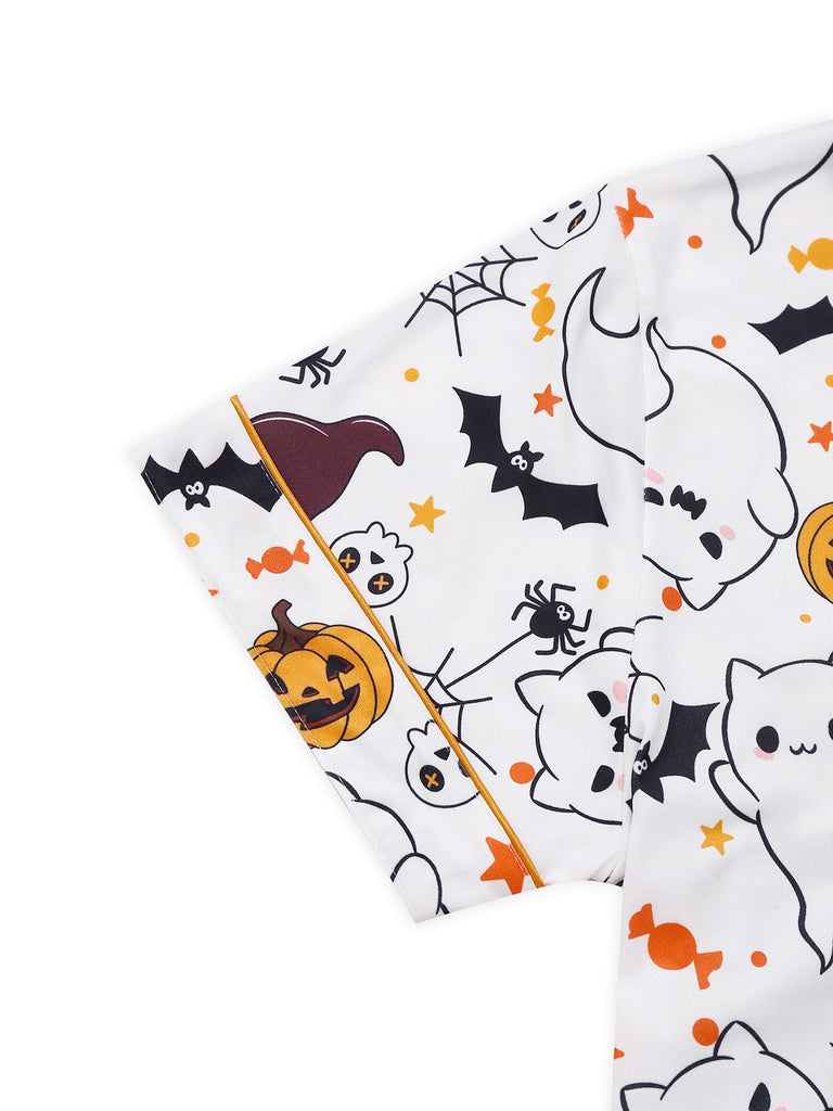 White 1950s Halloween Print Notched Collar Pajama Set