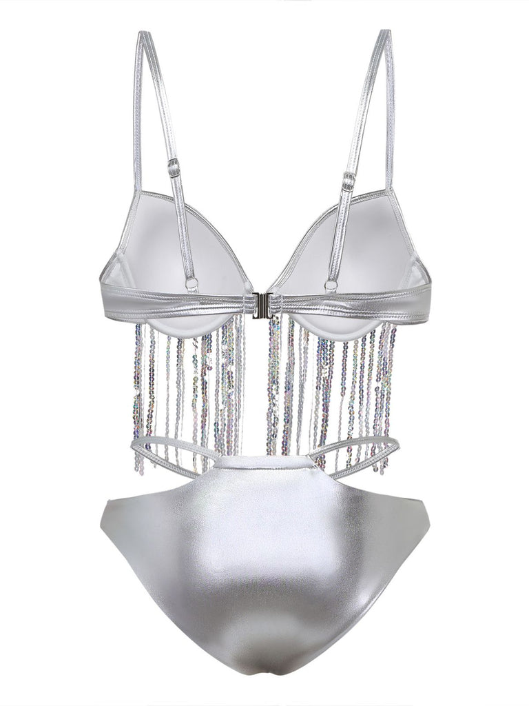 Silver 1970s Holographic Sequin Fringe Bikini Set