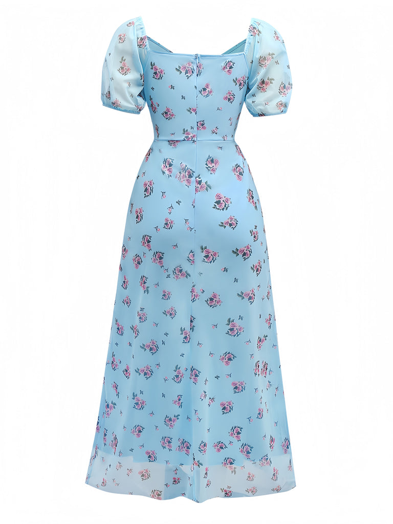 Blue 1930s V-Neck Rose Mesh Ruffled Dress