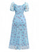 Blue 1930s V-Neck Rose Mesh Ruffled Dress