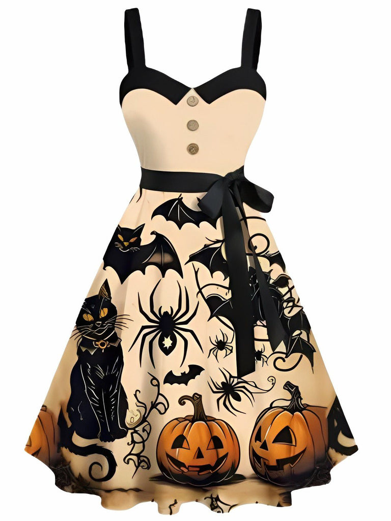 [Pre-Sale] Orange 1950s Halloween Pumpkin Cat Bat Print Swing Dress