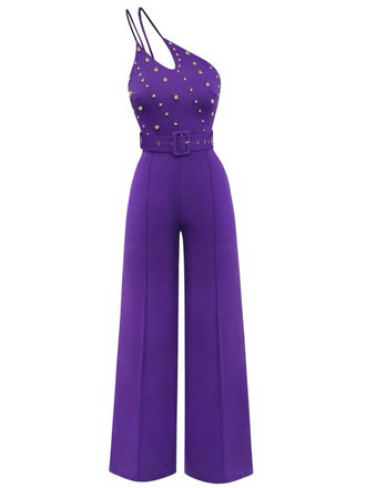 1970s One-Shoulder Studded Belted Jumpsuit