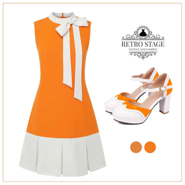 Orange 1960s Crew Bowknot Sleeveless Dress